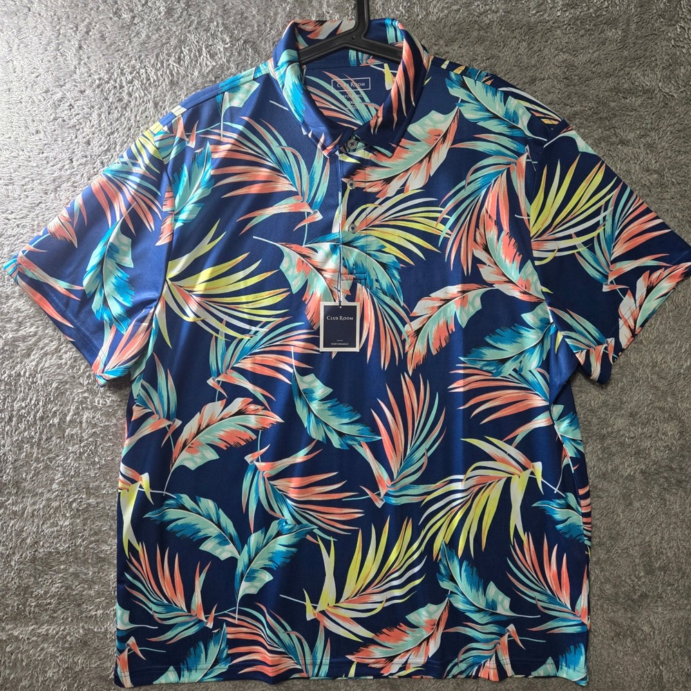 Club Room Performance Polo 2XL Navy Tropical Palm Print UPF 50 Golf Shirt NEW - Picture 2 of 7